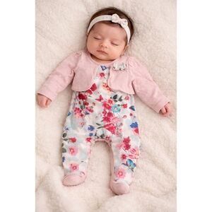 3/25 Monsoon Floral Baby Romper with Pink Cardigan